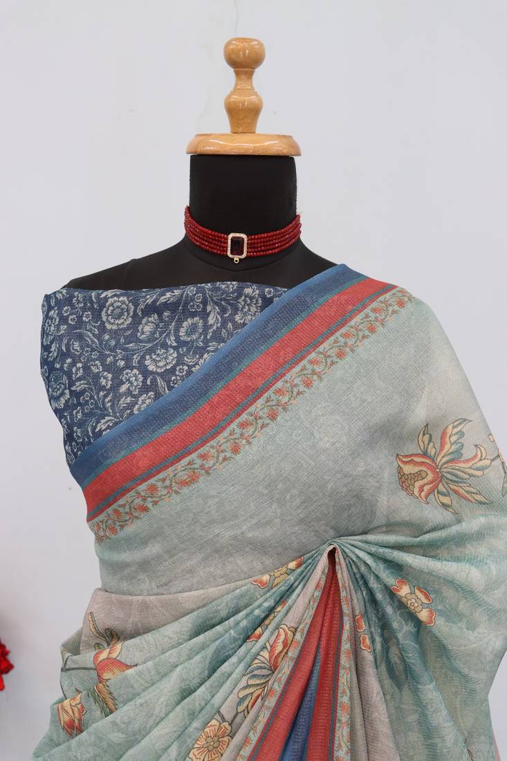 sky blue cotton blend zari weaving floral digital print festive saree with unstitched blouse piece