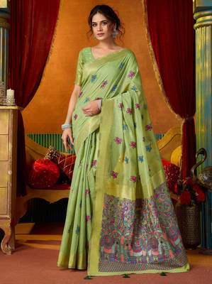 green modal silk blend woven katha designer ethnic graceful saree 1