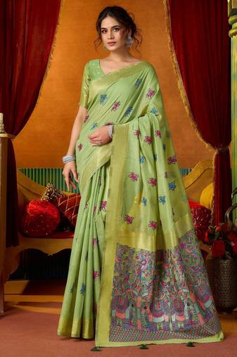 green modal silk blend woven katha designer ethnic graceful saree