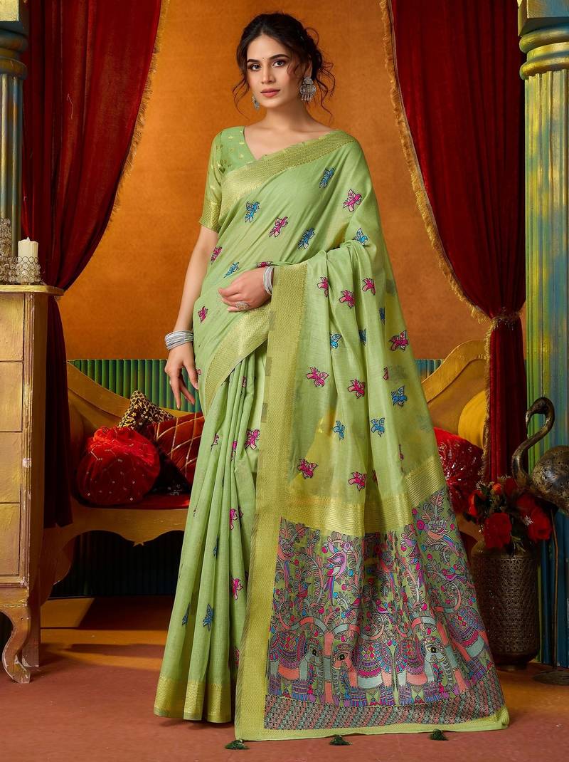 green modal silk blend woven katha designer ethnic graceful saree