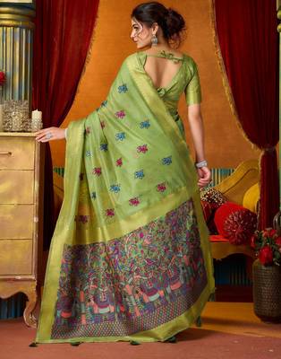 green modal silk blend woven katha designer ethnic graceful saree 2