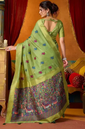 green modal silk blend woven katha designer ethnic graceful saree