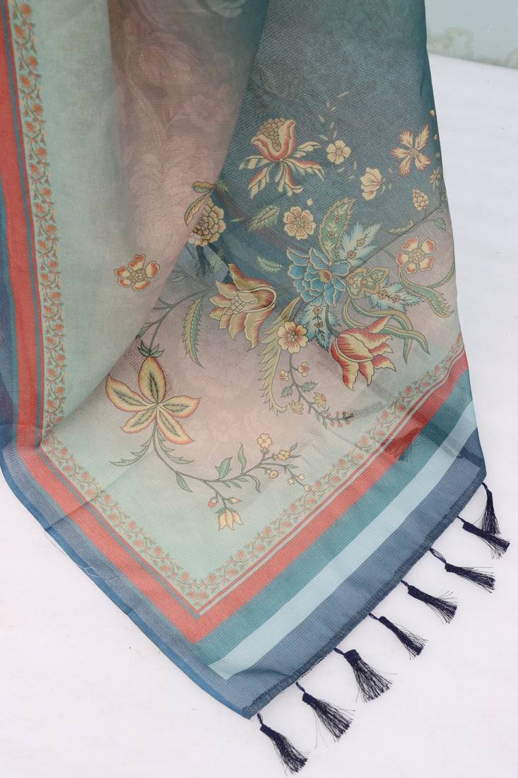 sky blue cotton blend zari weaving floral digital print festive saree with unstitched blouse piece