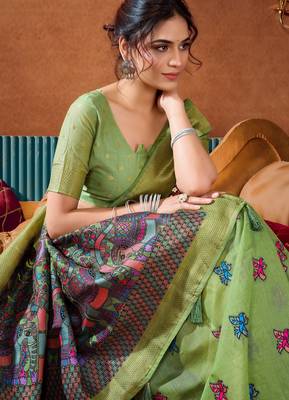 green modal silk blend woven katha designer ethnic graceful saree 3