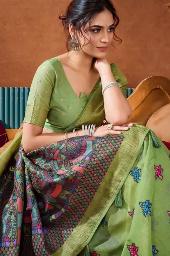 green modal silk blend woven katha designer ethnic graceful saree