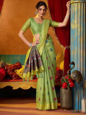 green modal silk blend woven katha designer ethnic graceful saree 4