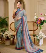 sky blue cotton blend zari weaving floral digital print festive saree with unstitched blouse piece