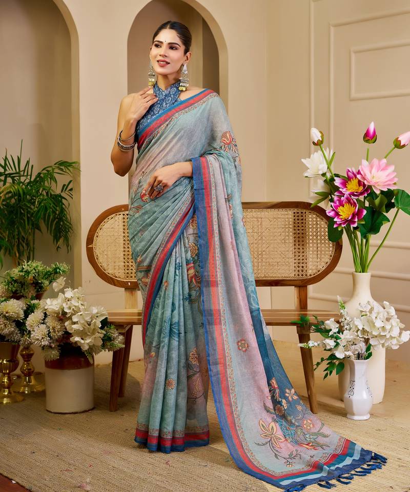 sky blue cotton blend zari weaving floral digital print festive saree with unstitched blouse piece