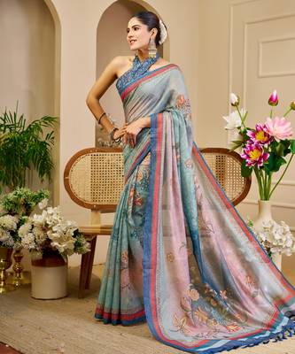 sky blue cotton blend zari weaving floral digital print festive saree with unstitched blouse piece 2