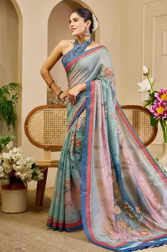 sky blue cotton blend zari weaving floral digital print festive saree with unstitched blouse piece