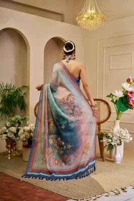 sky blue cotton blend zari weaving floral digital print festive saree with unstitched blouse piece 3