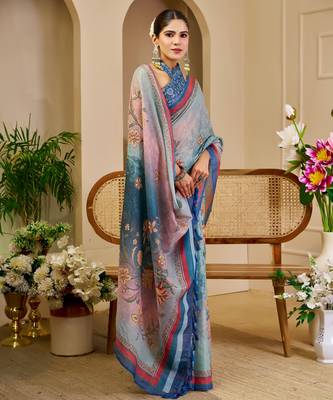 sky blue cotton blend zari weaving floral digital print festive saree with unstitched blouse piece 4