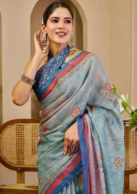 sky blue cotton blend zari weaving floral digital print festive saree with unstitched blouse piece 5