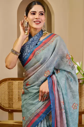sky blue cotton blend zari weaving floral digital print festive saree with unstitched blouse piece