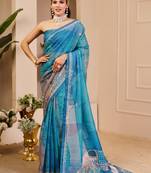 morpich cotton blend zari weaving floral digital print festive saree with unstitched blouse piece