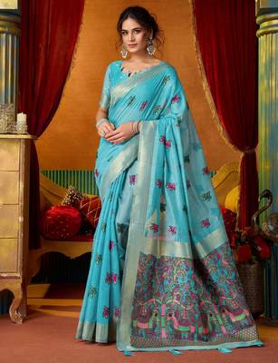 blue modal silk blend woven katha designer ethnic graceful saree 1