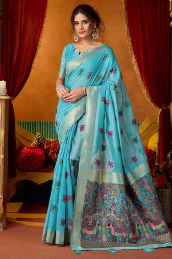 blue modal silk blend woven katha designer ethnic graceful saree