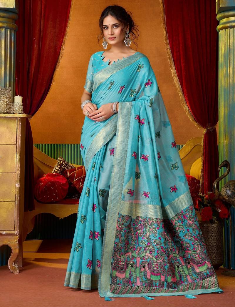 blue modal silk blend woven katha designer ethnic graceful saree