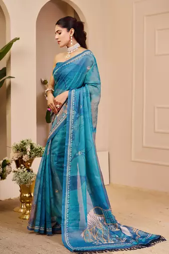 morpich cotton blend zari weaving floral digital print festive saree with unstitched blouse piece