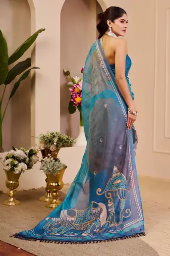 morpich cotton blend zari weaving floral digital print festive saree with unstitched blouse piece
