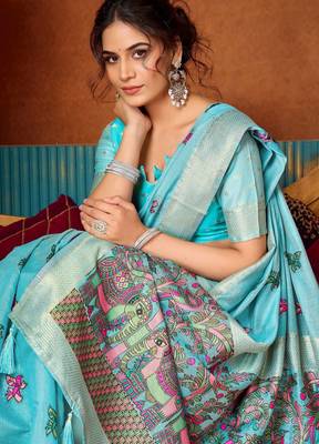blue modal silk blend woven katha designer ethnic graceful saree 3