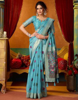 blue modal silk blend woven katha designer ethnic graceful saree 4