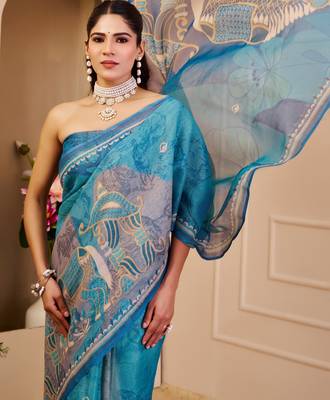 morpich cotton blend zari weaving floral digital print festive saree with unstitched blouse piece 5