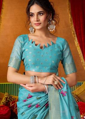 blue modal silk blend woven katha designer ethnic graceful saree 5