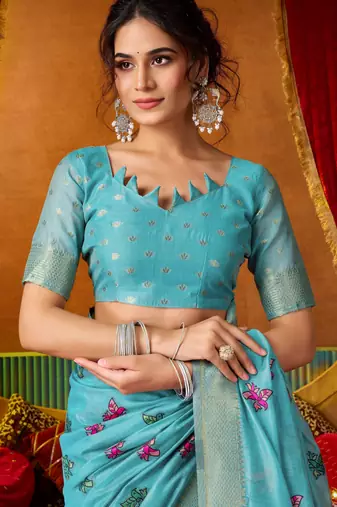 blue modal silk blend woven katha designer ethnic graceful saree