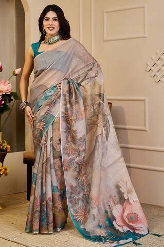 cream cotton blend zari weaving floral digital print festive saree with unstitched blouse piece