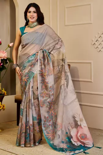 cream cotton blend zari weaving floral digital print festive saree with unstitched blouse piece