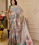 cream cotton blend zari weaving floral digital print festive saree with unstitched blouse piece