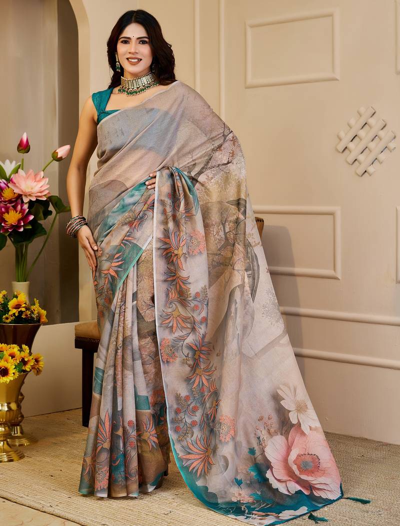 cream cotton blend zari weaving floral digital print festive saree with unstitched blouse piece