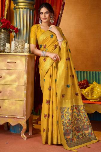 yellow modal silk blend woven katha designer ethnic graceful saree