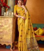 yellow modal silk blend woven katha designer ethnic graceful saree