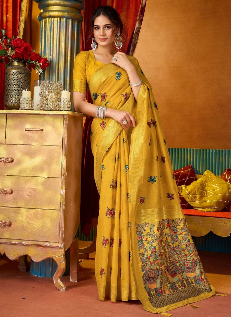 yellow modal silk blend woven katha designer ethnic graceful saree