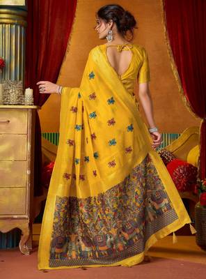 yellow modal silk blend woven katha designer ethnic graceful saree 2