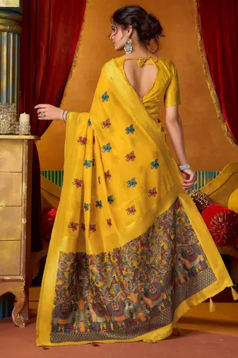 yellow modal silk blend woven katha designer ethnic graceful saree