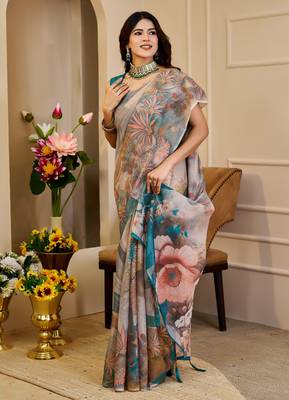 cream cotton blend zari weaving floral digital print festive saree with unstitched blouse piece 2