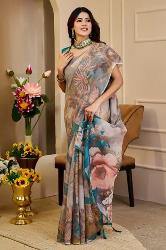 cream cotton blend zari weaving floral digital print festive saree with unstitched blouse piece