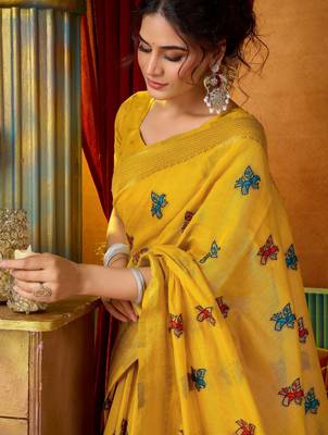 yellow modal silk blend woven katha designer ethnic graceful saree 3