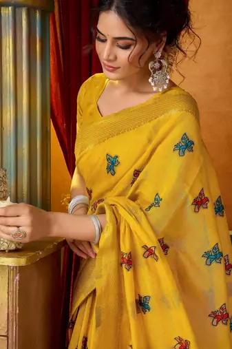 yellow modal silk blend woven katha designer ethnic graceful saree