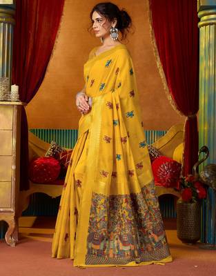 yellow modal silk blend woven katha designer ethnic graceful saree 4