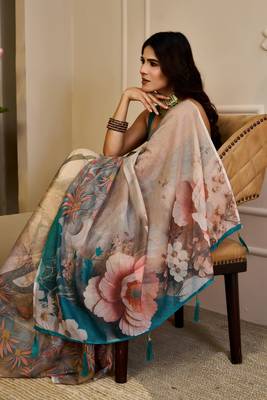 cream cotton blend zari weaving floral digital print festive saree with unstitched blouse piece 4