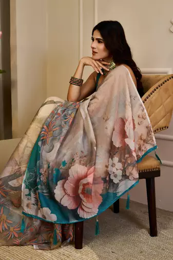 cream cotton blend zari weaving floral digital print festive saree with unstitched blouse piece