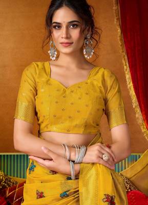 yellow modal silk blend woven katha designer ethnic graceful saree 5