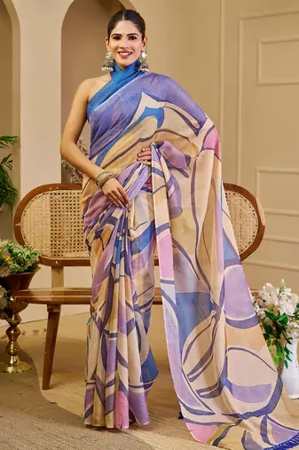 cream blue cotton blend zari weaving floral digital print festive saree with unstitched blouse piece