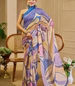 cream blue cotton blend zari weaving floral digital print festive saree with unstitched blouse piece