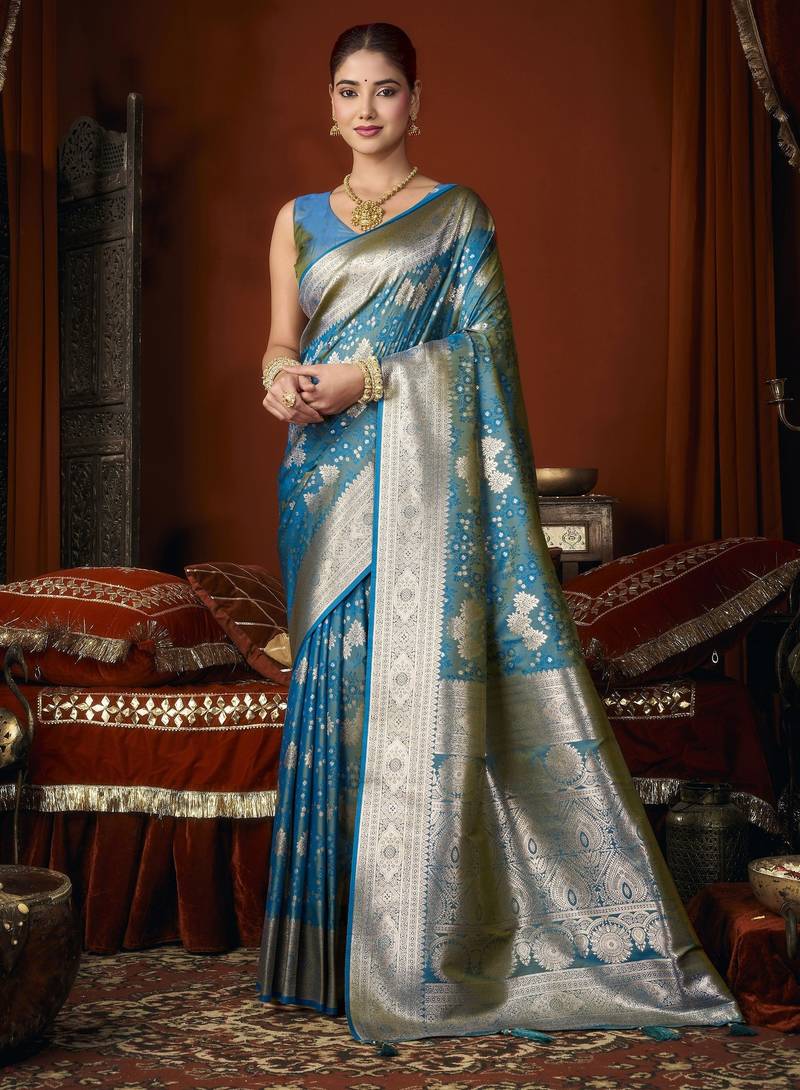 firozi soft silk blend woven jacquard designer graceful ethnic saree