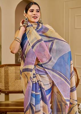 cream blue cotton blend zari weaving floral digital print festive saree with unstitched blouse piece 5